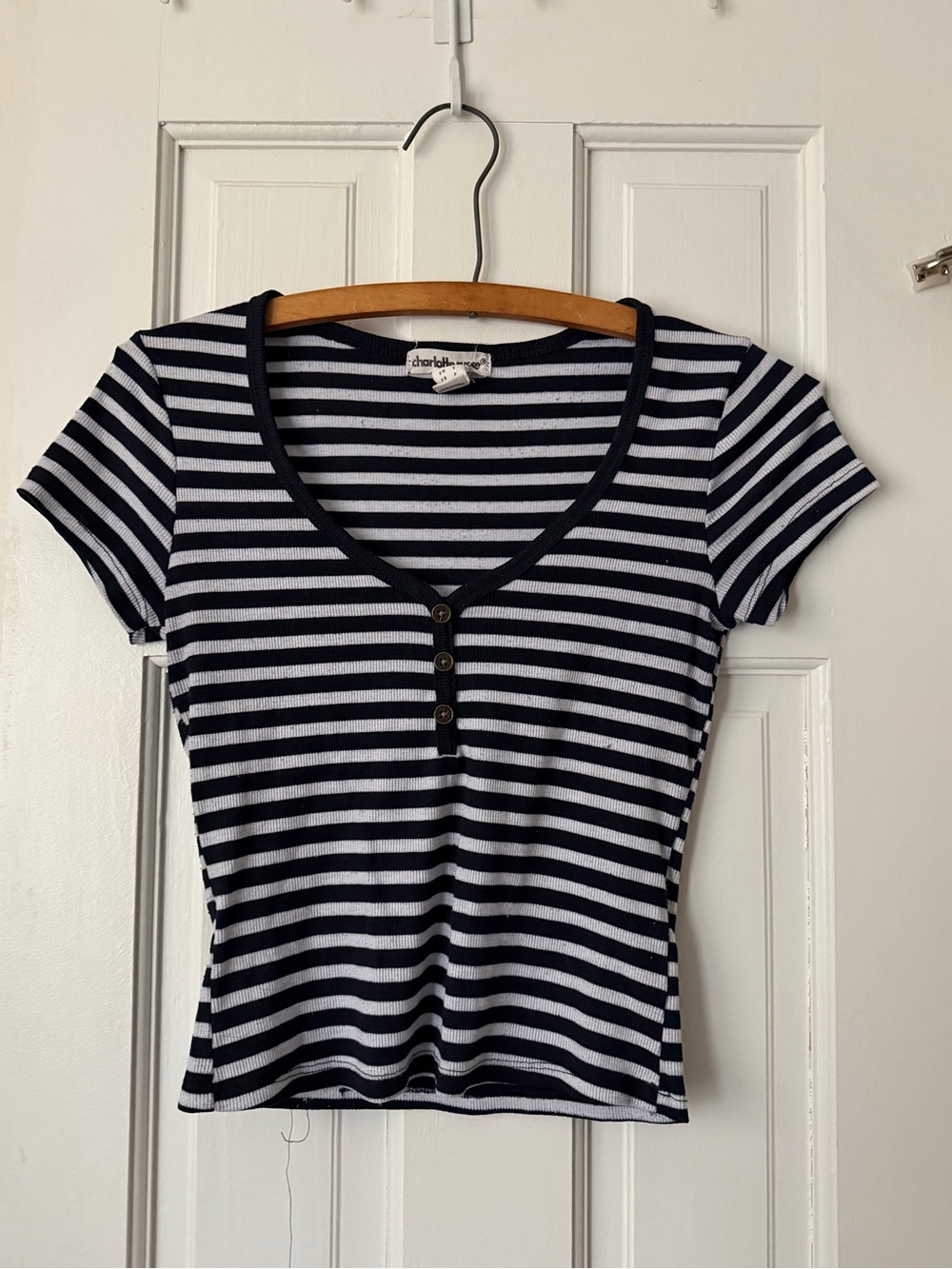 Charlotte Russe Navy & White Striped Short Sleeve Henley Crop Top